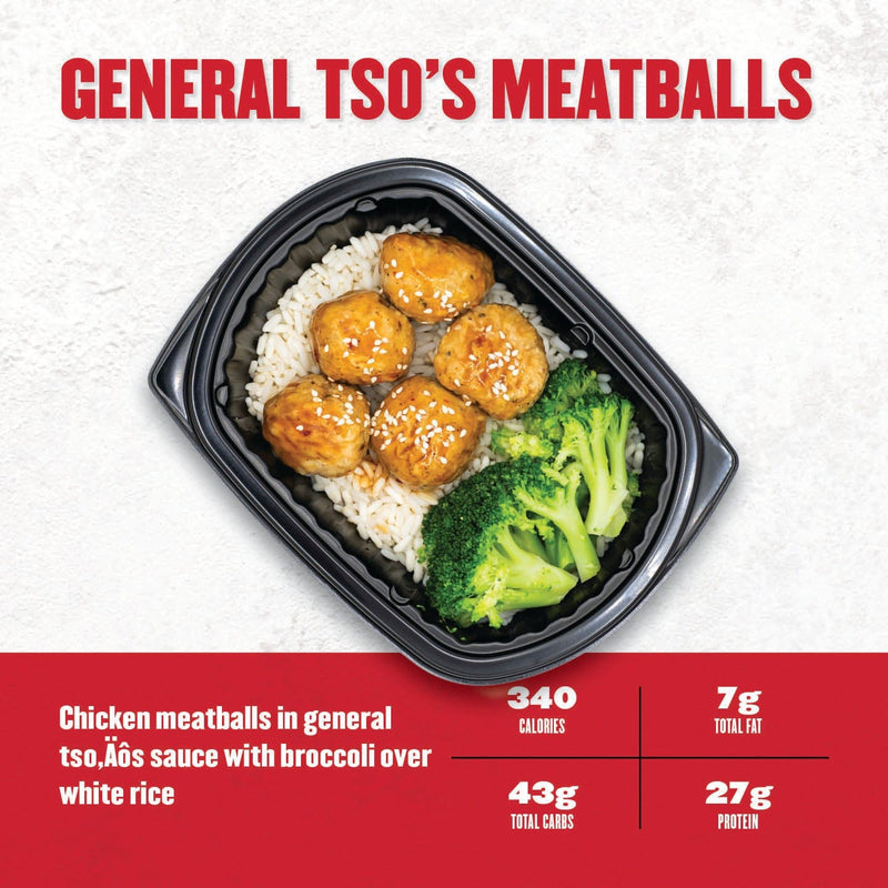“General Tso’s Meatballs – chicken meatballs glazed in sweet‑spicy sauce with steamed broccoli and white rice in a black meal prep container.”