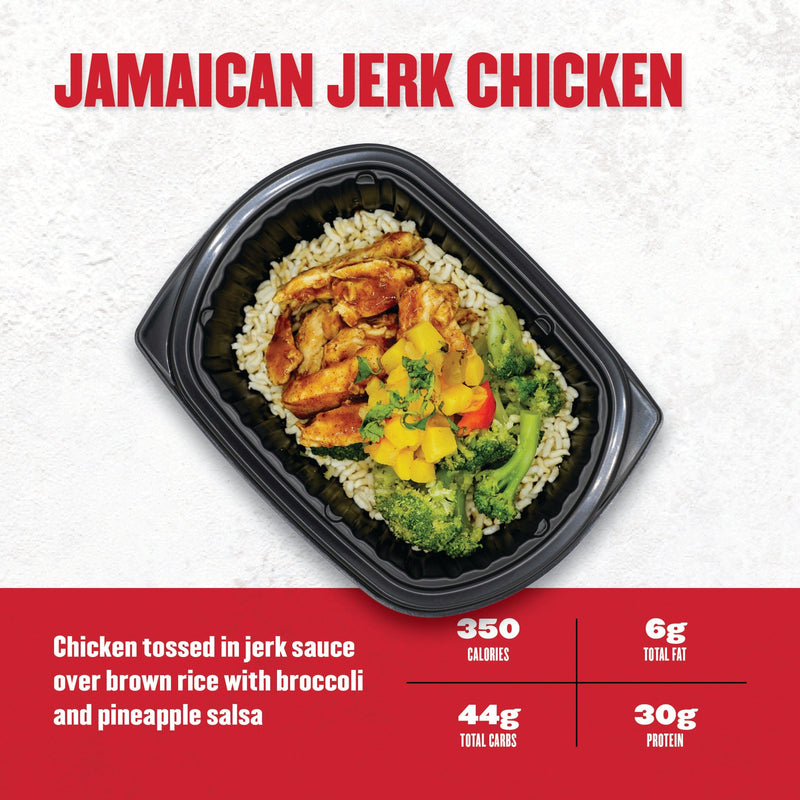 Clean Eatz Jamaican Jerk Chicken with tender chicken in jerk sauce over brown rice, served with broccoli and pineapple salsa—350 calories and 30g protein.