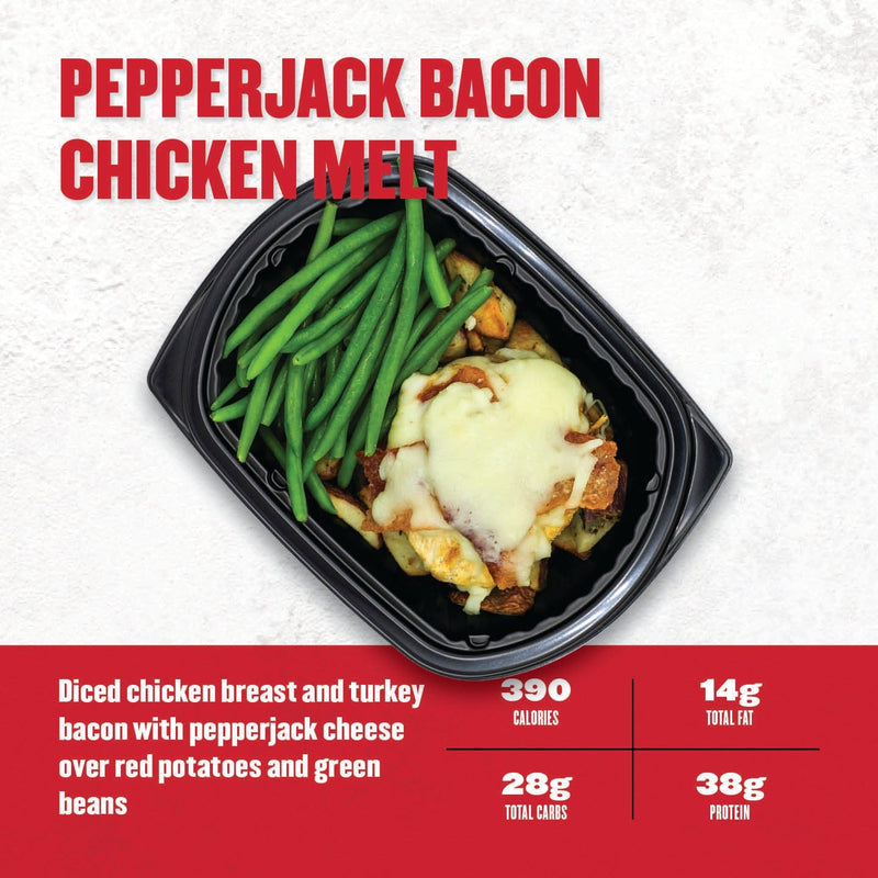 “Pepperjack Bacon Chicken Melt – diced chicken breast and turkey bacon topped with melted pepperjack cheese, served with red potatoes and green beans in a black container.”