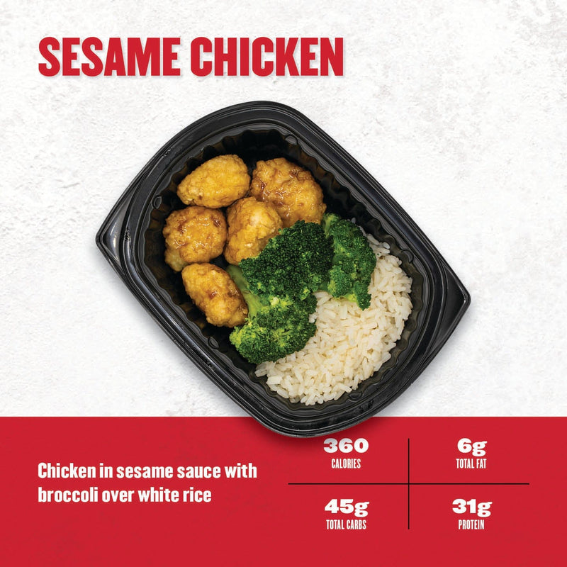 Sesame Chicken – breaded chicken bites tossed in sesame sauce, served with steamed broccoli and white rice in a black meal prep container from Clean Eatz Kitchen.