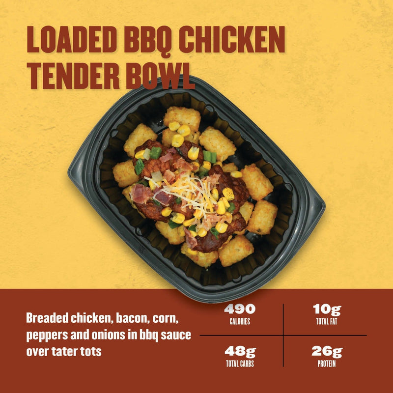 Loaded BBQ Chicken Tender Bowl – breaded chicken tenders with bacon, corn, peppers, onions, and shredded cheese in BBQ sauce over crispy tater tots.
