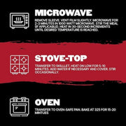 Instructions for heating Clean Eatz Kitchen meals using microwave, stove-top, and oven on an orange and black background.