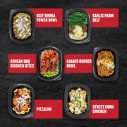 Six Clean Eatz Kitchen entrées on a black stone background — Beef Birria Power Bowl, Garlic Parm Beef, Korean BBQ Chicken Bites, Loaded Burger Bowl, Pizzalini, and Street Corn Chicken — each shown in individual meal trays with red labels.
