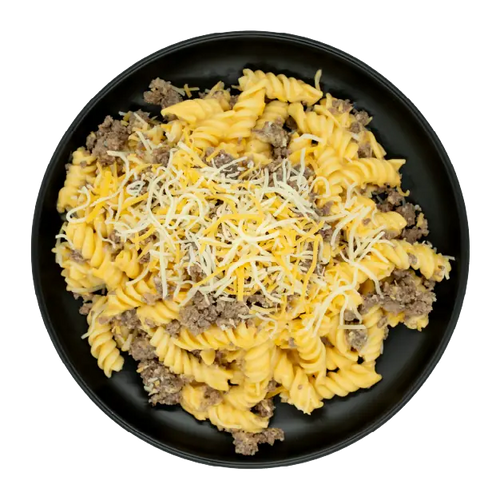 Ground beef over rotini pasta topped with shredded cheese on a black plate.