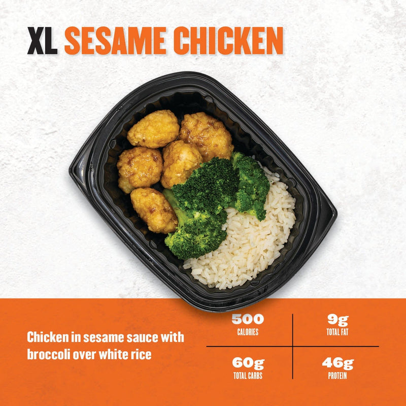 XL Sesame Chicken – breaded chicken bites glazed in sesame sauce with steamed broccoli and white rice in a black prep container.