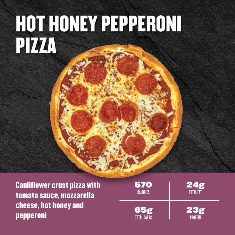 Clean Eatz Kitchen Hot Honey Pepperoni pizza on cauliflower crust with mozzarella and spicy honey