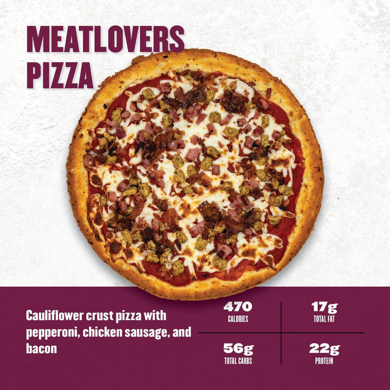 Meatlovers pizza on a cauliflower crust, topped with pepperoni, chicken sausage, bacon, and mozzarella cheese from Clean Eatz Kitchen.