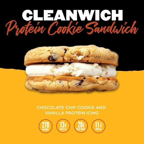 Protein cookie sandwich with chocolate chips and vanilla protein icing on a yellow background, featuring the brand 'Cleanwich'.