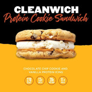 Protein cookie sandwich with chocolate chips and vanilla protein icing on a yellow background, featuring the brand 'Cleanwich'.