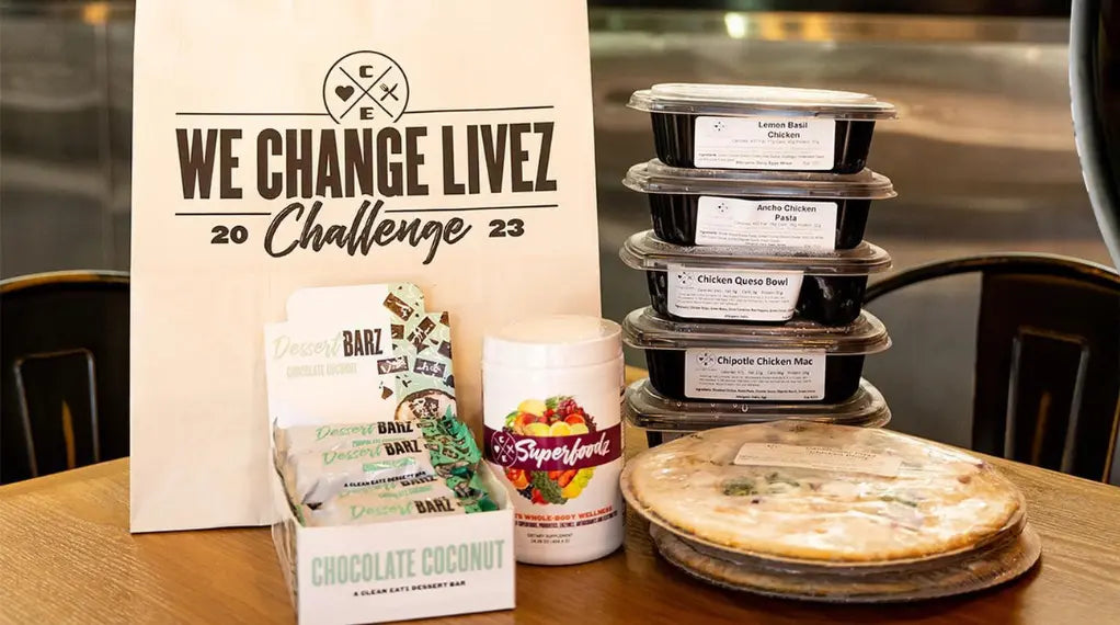 Clean Eatz meal prep containers, protein bars, and superfood supplements — everything you need for a calorie-conscious meal plan.