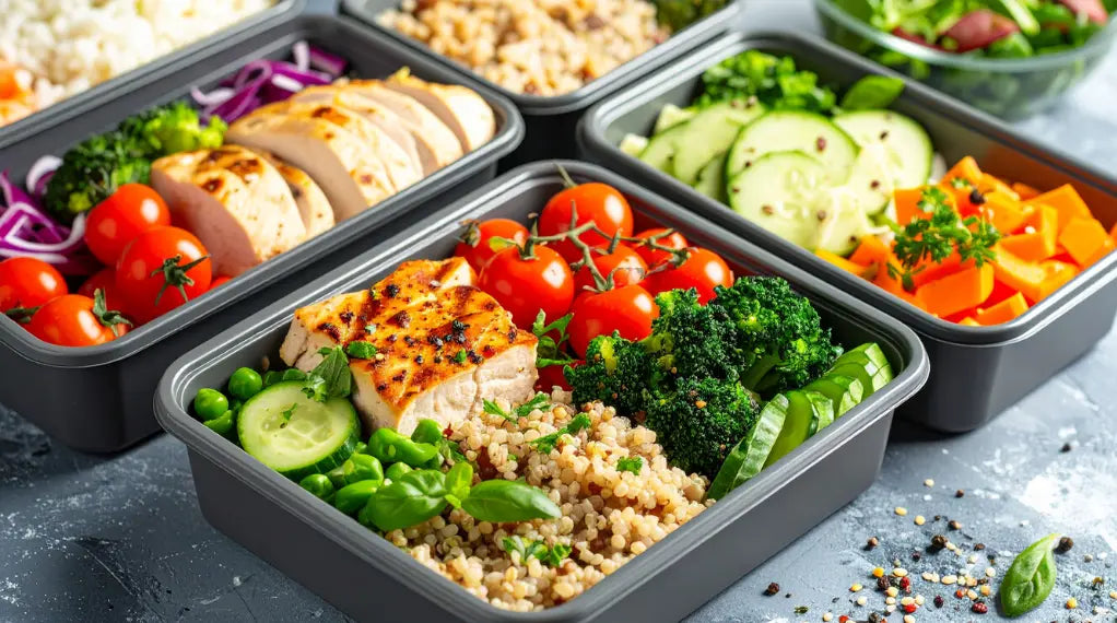 Mindful eating lifestyle meal prep containers with salmon, quinoa, and fresh vegetables