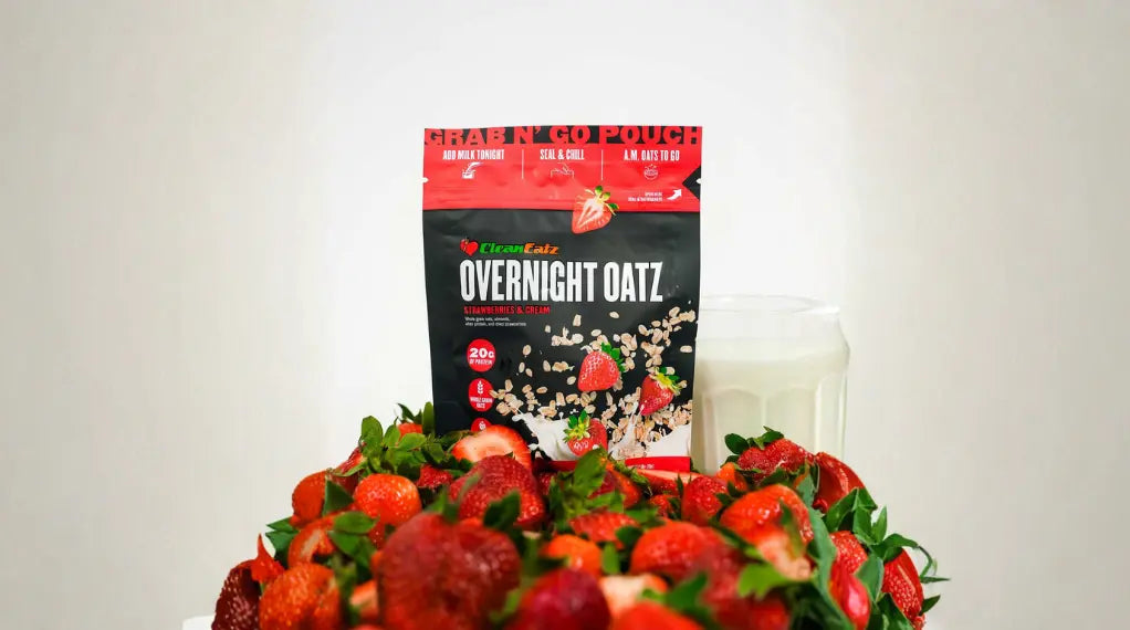 Fresh strawberries with milk and overnight oats package showcasing morning delights for a healthy breakfast