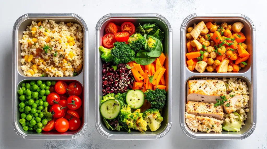 Ready-to-eat meal trays with quinoa, vegetables, chickpeas, and salmon portions