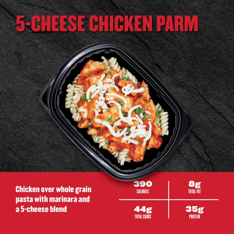 Chicken over whole-grain pasta with marinara and a five-cheese blend; 390 calories, 35g fat, 44g carbs, 8g protein.