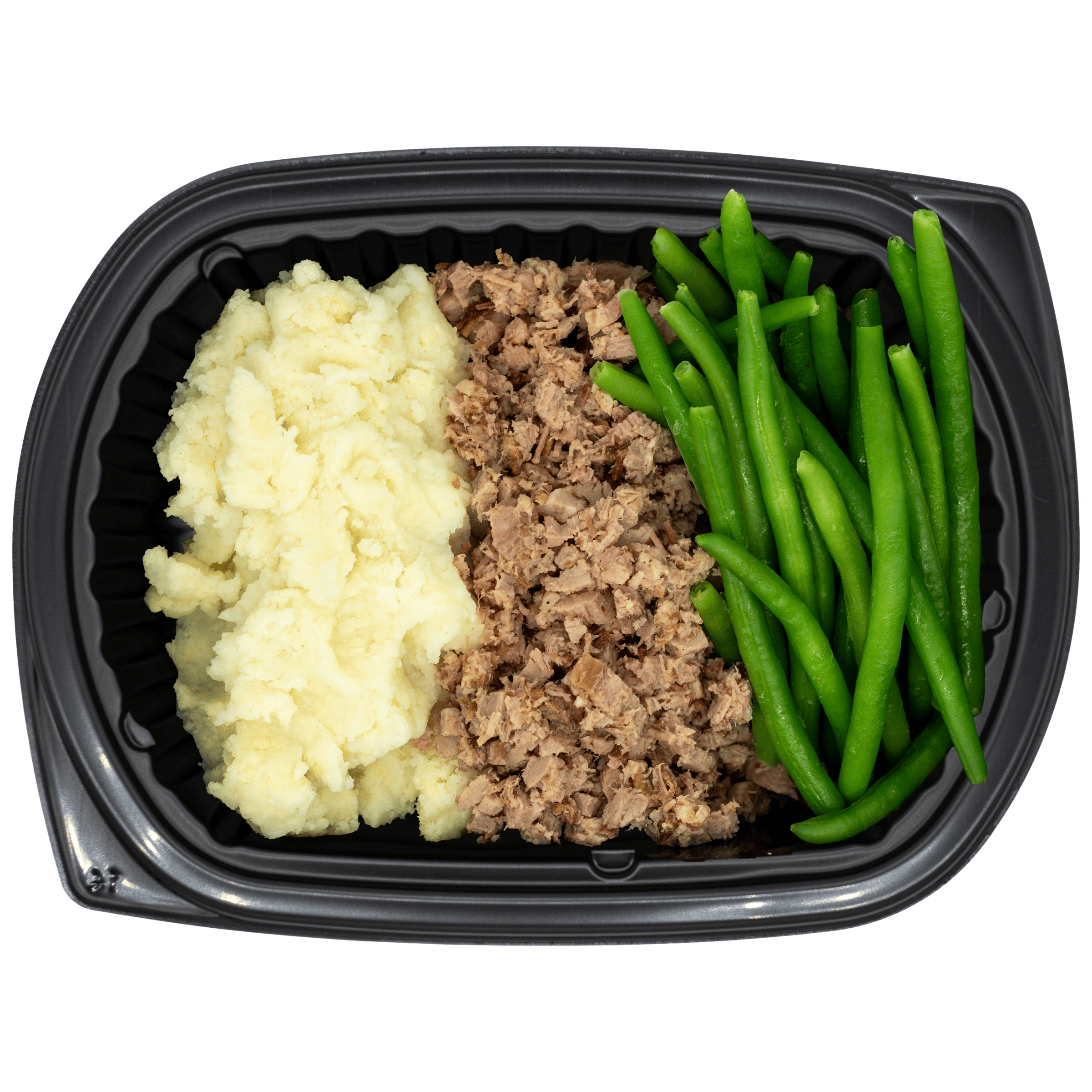Black container with mashed potatoes, ground meat, and green beans on a white background