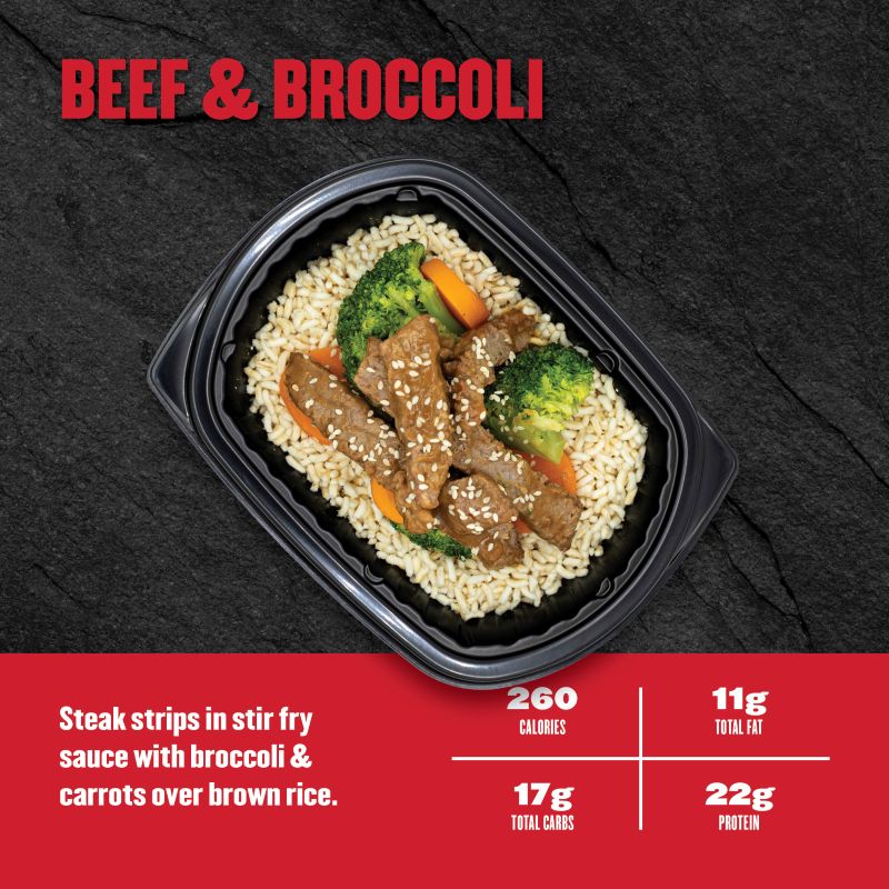 Beef & Broccoli — steak strips in stir-fry sauce with broccoli and carrots over brown rice; 260 calories, 11g fat, 17g carbs, 22g protein.