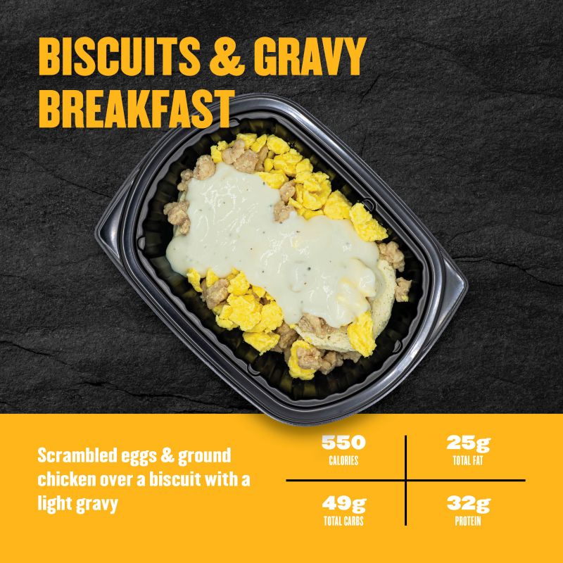 Biscuits & Gravy Breakfast — scrambled eggs and ground chicken over a biscuit with light gravy; 550 calories, 25g fat, 49g carbs, 32g protein.