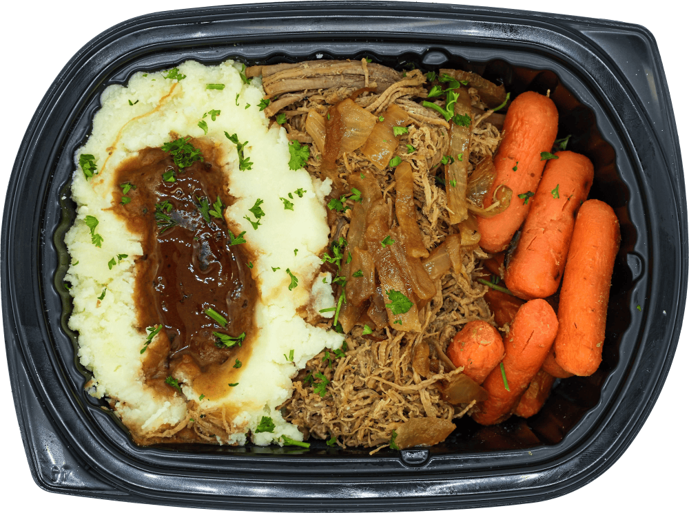Container of mashed potatoes with gravy, pulled pork, and carrots
