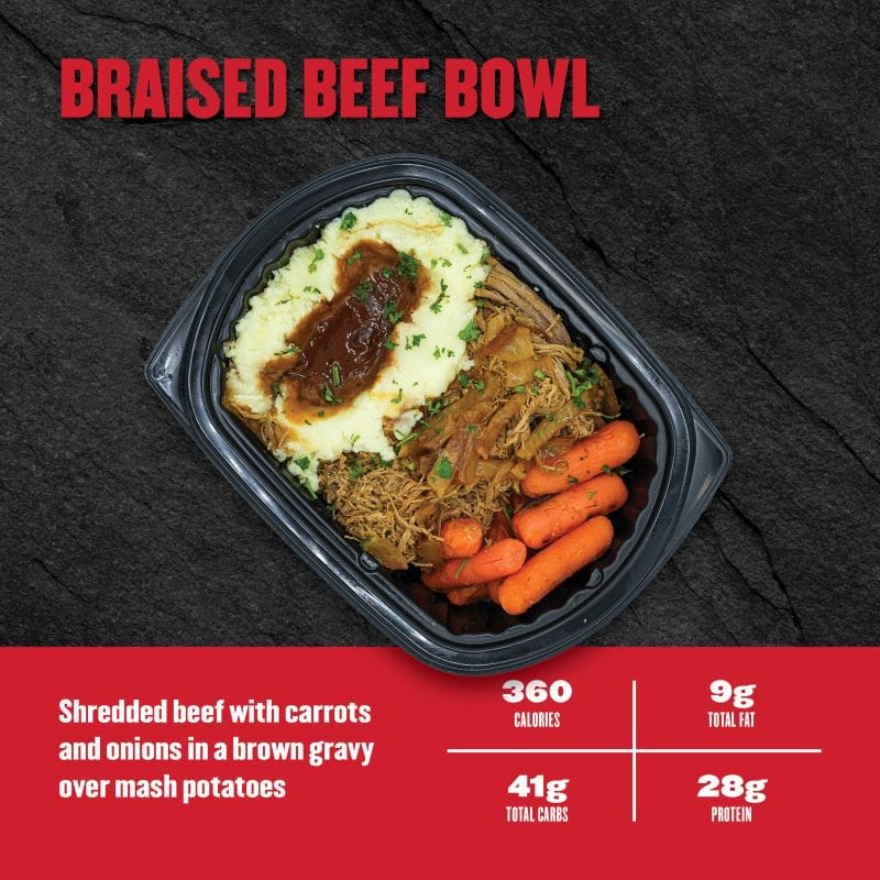 Braised Beef Bowl — Clean Eatz Kitchen shredded beef with carrots and onions in brown gravy over mashed potatoes; 360 calories, 9g fat, 41g carbs, 28g protein.