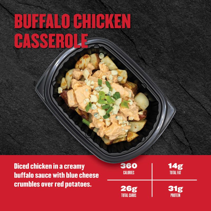 Buffalo Chicken Casserole — diced chicken in creamy buffalo sauce with blue cheese crumbles over red potatoes; 360 calories, 14g fat, 26g carbs, 31g protein