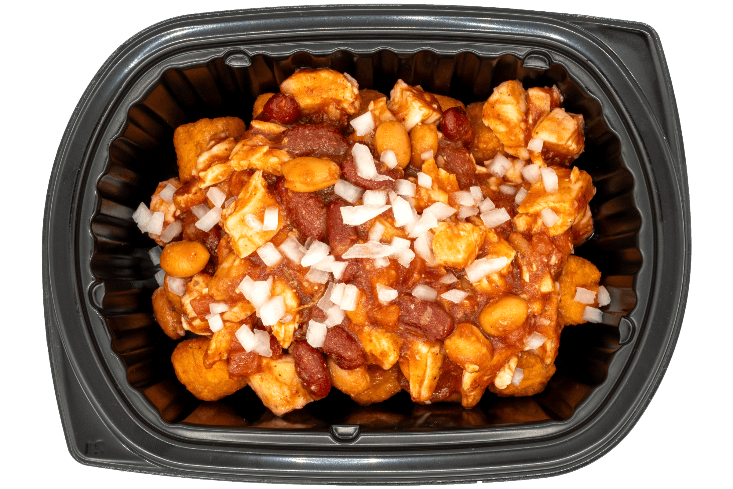 Chicken chili with beans and diced onions over sweet potato tots in a black meal tray.