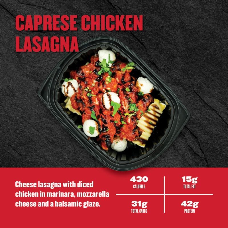 Caprese Chicken Lasagna — Clean Eatz Kitchen cheese lasagna with diced chicken in marinara, mozzarella cheese, and a balsamic glaze; 430 calories, 15g fat, 31g carbs, 42g protein.