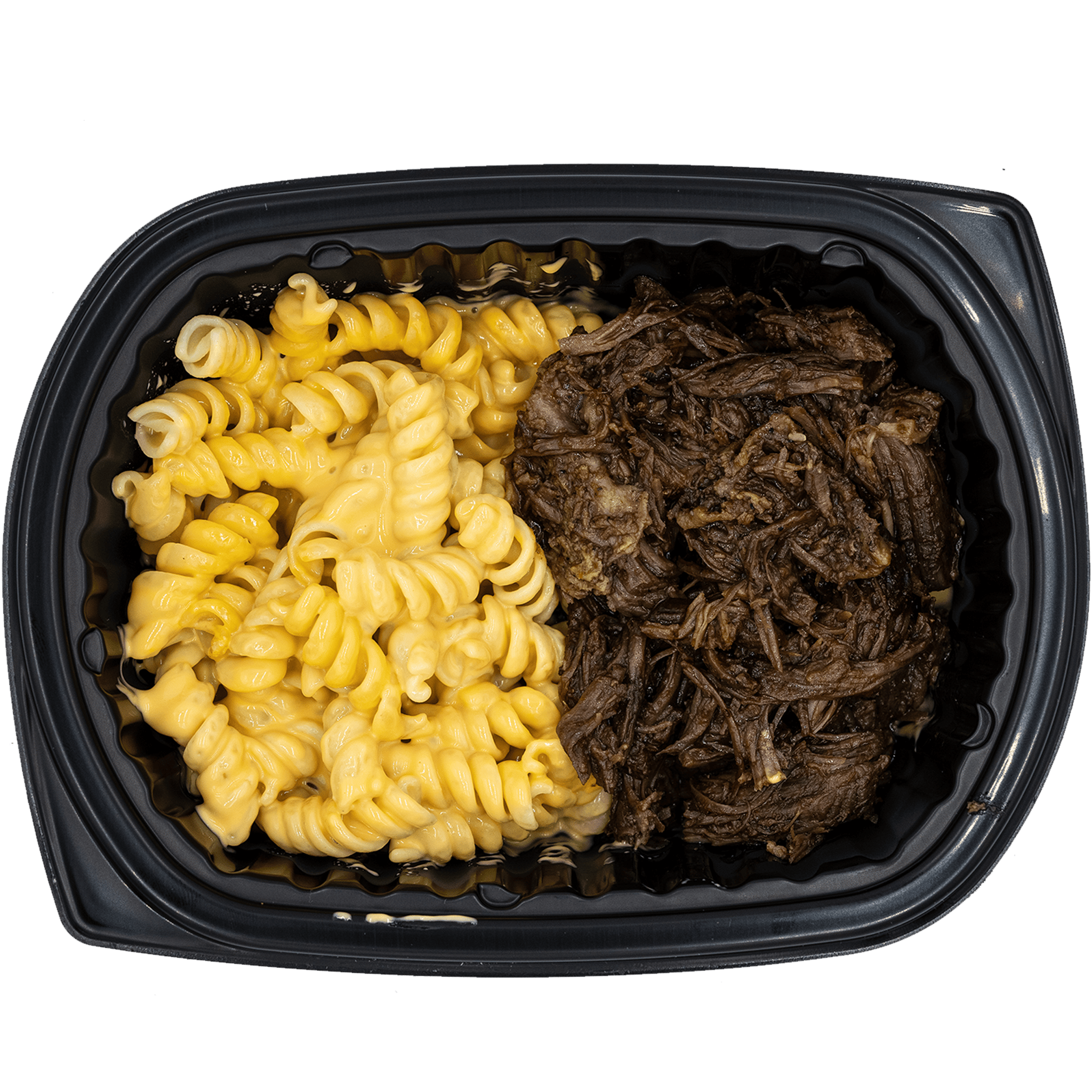 Container with macaroni and cheese and pulled pork on a white background