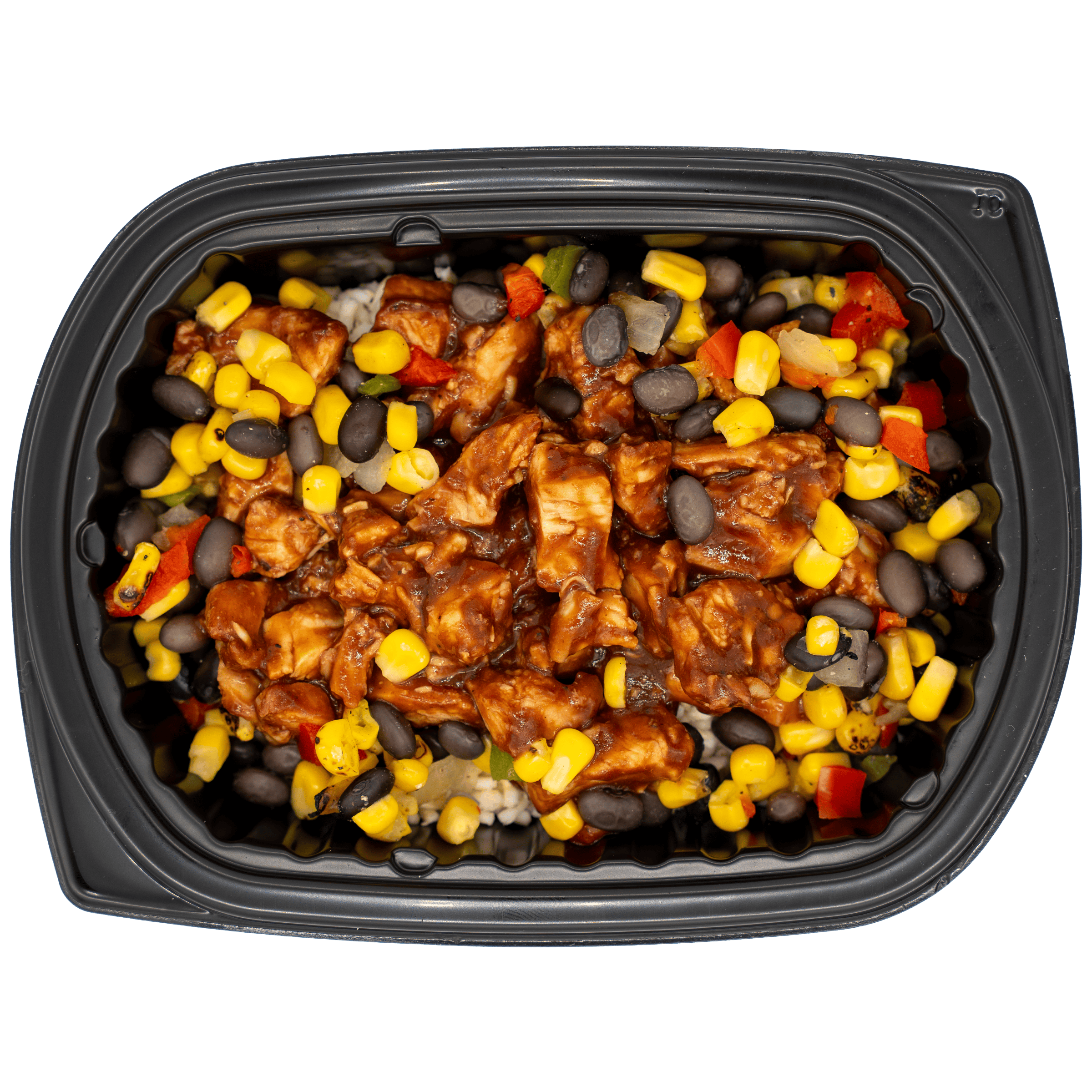 Diced chicken in a sweet chili-style sauce with corn, black beans, and peppers over rice in a black meal tray.