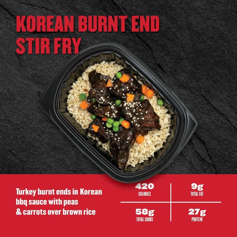 Korean Burnt End Stir Fry — Clean Eatz Kitchen turkey burnt ends in Korean BBQ sauce with peas and carrots over brown rice; 420 calories, 9g fat, 58g carbs, 27g protein.