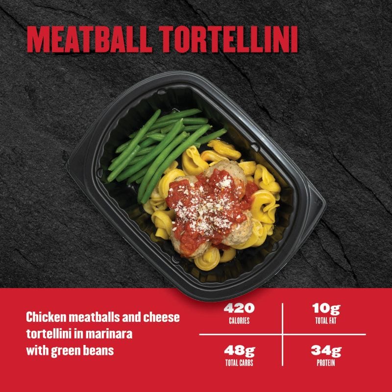Meatball Tortellini — Clean Eatz Kitchen chicken meatballs and cheese tortellini in marinara with green beans; 420 calories, 10g fat, 48g carbs, 34g protein.