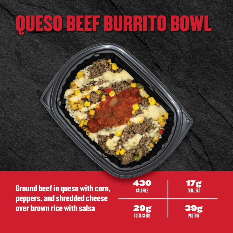 ground beef in queso with corn, peppers, shredded cheese over brown rice with salsa. Nutrition: 430 calories, 39g fat, 29g carbs, 17g protein.