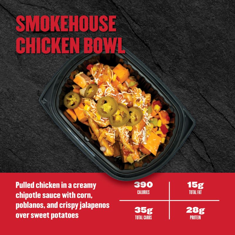 pulled chicken in creamy chipotle sauce with corn, poblanos, crispy jalapeños over sweet potatoes. Nutrition: 390 calories, 28g fat, 35g carbs, 15g protein.