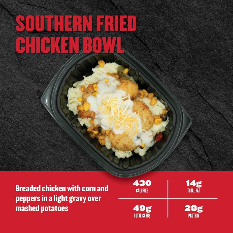 Southern Fried Chicken Bowl — Clean Eatz Kitchen breaded chicken with corn and peppers in light gravy over mashed potatoes; 430 calories, 14g fat, 49g carbs, 28g protein.