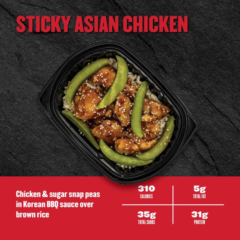 chicken and sugar snap peas in Korean BBQ sauce over brown rice. Nutrition: 310 calories, 31g fat, 35g carbs, 5g protein.