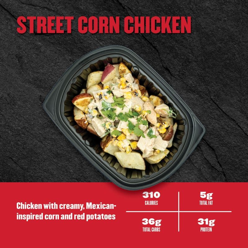 Street Corn Chicken — Clean Eatz Kitchen chicken with creamy Mexican-inspired corn and red potatoes; 310 calories, 5g fat, 36g carbs, 31g protein.