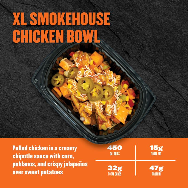 pulled chicken in creamy chipotle sauce with corn, poblanos, and crispy jalapeños over sweet potatoes. Nutrition: 450 calories, 47g fat, 32g carbs, 15g protein.