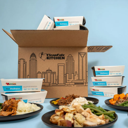 Basics Meal Plan delivery box with meals and prepared plates of protein, veggies, and rice
