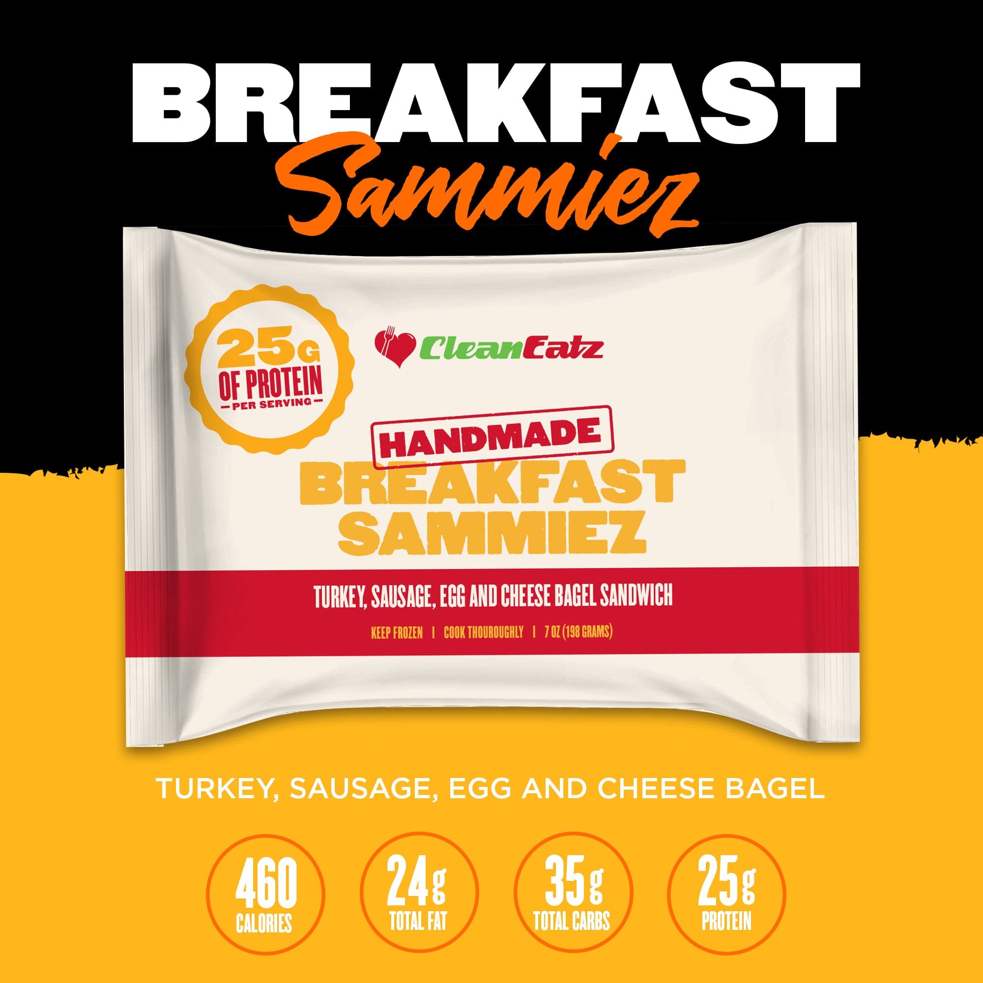 A packaged Clean Eatz Breakfast Sammiez featuring turkey sausage, egg, and cheese on a bagel. The packaging highlights 