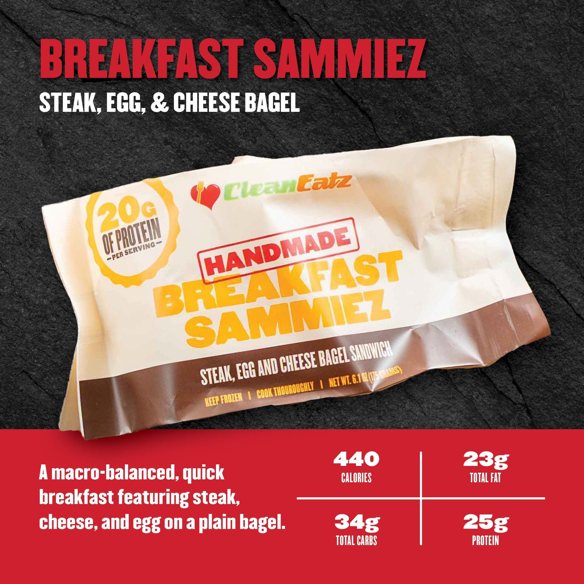 Package of Clean Catz Breakfast Sammiez with nutritional information on a dark background