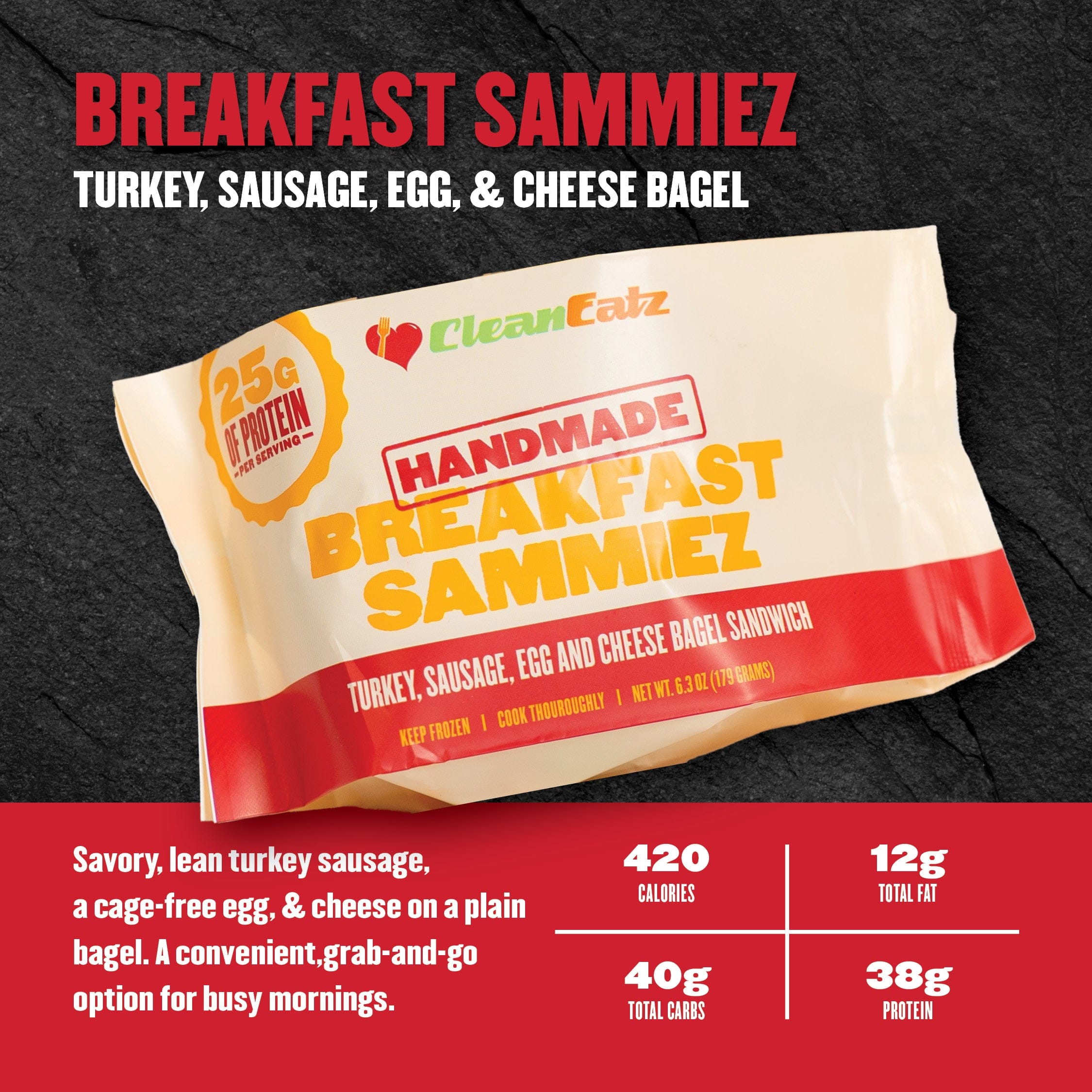 Package of Clean Eatz Breakfast Sammiez on a dark background with nutritional information.