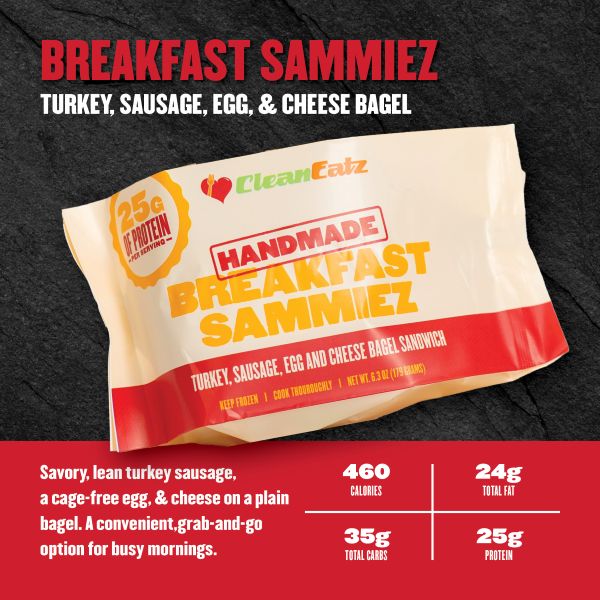 Package of Clean Eatz Breakfast Sammiez on a dark background with nutritional information.