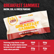 Package of 'Handmade Breakfast Sammie' with branding and nutritional information on a dark background