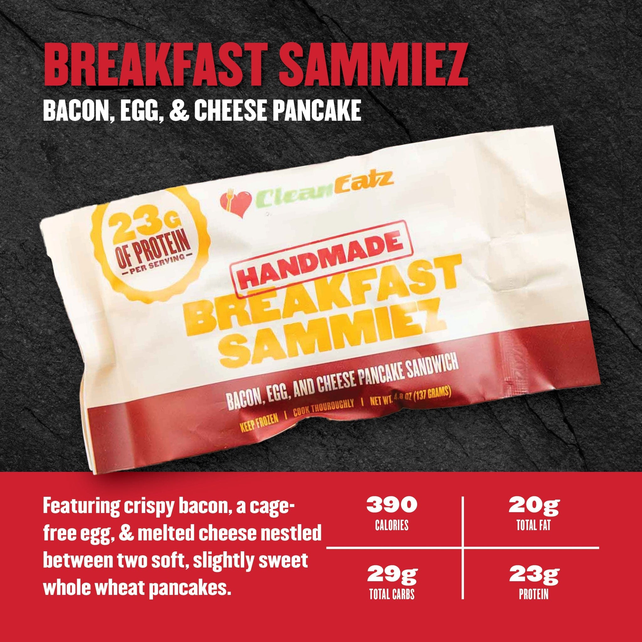 Package of 'Handmade Breakfast Sammie' with branding and nutritional information on a dark background