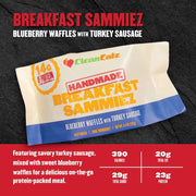 Breakfast Sammiez Blueberry Waffles with Turkey Sausage — savory turkey sausage with sweet blueberry waffles; 390 calories, 20g fat, 29g carbs, 23g protein.