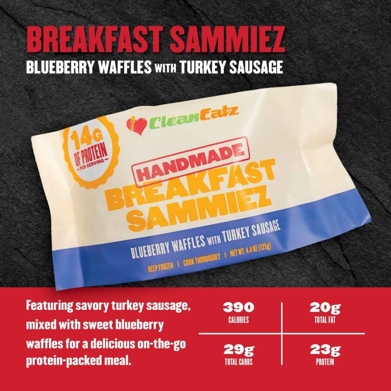 Breakfast Sammiez Blueberry Waffles with Turkey Sausage — savory turkey sausage with sweet blueberry waffles; 390 calories, 20g fat, 29g carbs, 23g protein.
