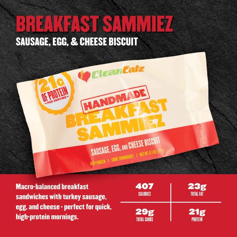 Breakfast Sammiez Sausage, Egg & Cheese Biscuit — turkey sausage, egg, and cheese on a biscuit; 407 calories, 23g fat, 29g carbs, 21g protein.