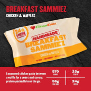 Breakfast Sammiez Chicken & Waffles — seasoned chicken patty between waffles for a sweet-and-savory breakfast; 570 calories, 28g fat, 56g carbs, 24g protein.
