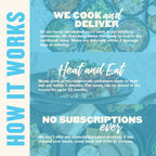How Basics Meal Plan delivery works: cooked and frozen, heat and eat in 3 minutes, no subscription