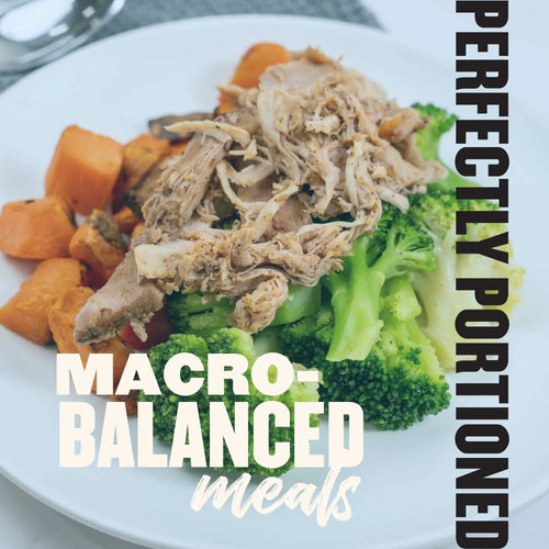 Macro-balanced Basics Meal Plan plate with pulled chicken, roasted sweet potato, and broccoli, perfectly portioned
