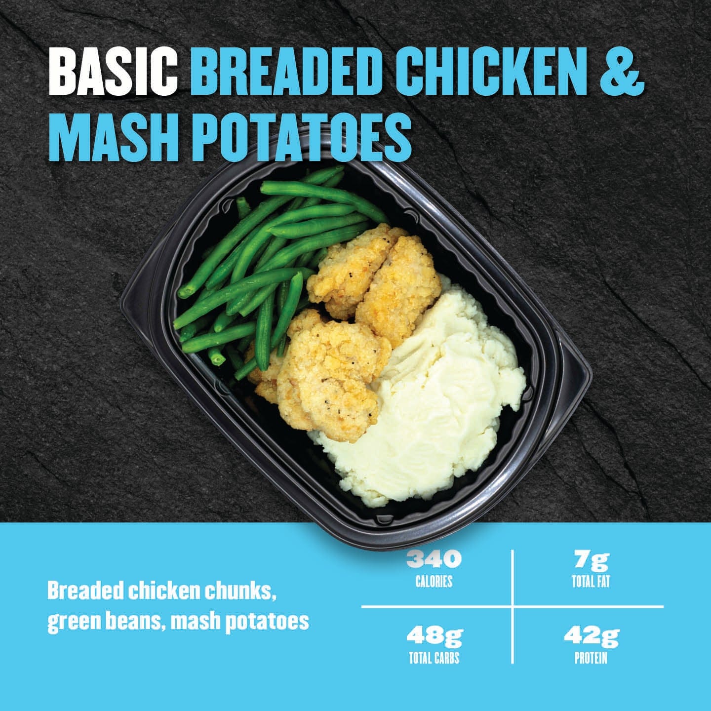 Packaged meal with breaded chicken, green beans, and mashed potatoes on a black background